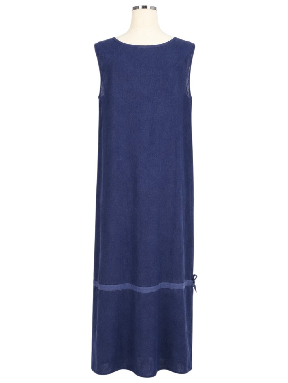 FLAX Jeanne Engelhart Linen Maxi Dress L Navy Sleeveless Lagenlook Bow Side Slit
